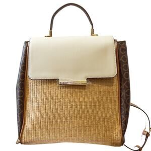 CALVIN KLEIN Nolan Top Handle Backpack Rattan Canvas Brown Signature Bag NWOT